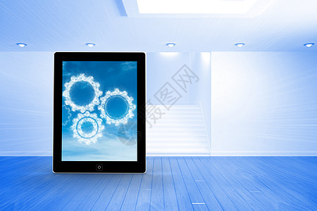 平板屏幕上云层COG的复合复合图像房间蓝色窗户白色机械车轮设备绘图电脑媒体图片