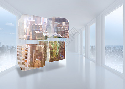 抽象屏幕上城市景色的复合图像计算机门厅房间景观天空多云摩天大楼窗户绘图大厅图片