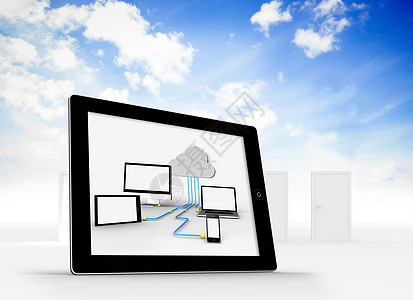 平板屏幕上云计算图形的复合图像合成数字笔记本多云云计算基础设施设备技术电脑服务计算机图片