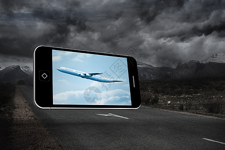 智能手机屏幕上的飞机复合图像图象旅行灰色多云飞行旅游航班航空设备计算机媒体图片