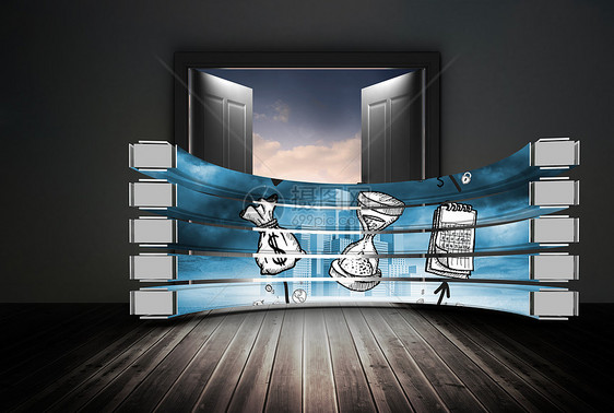 抽象屏幕上时间和利润概念的复合综合图象钱袋子灰色蓝色开幕式多云门框地板未来派绘图房间图片