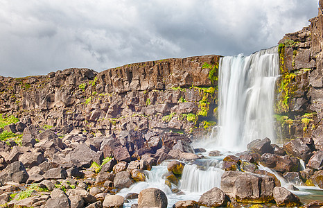 Oxarfoss 氧化矿石石头蓝色瀑布荒野天空岩石力量流动冰川溪流图片