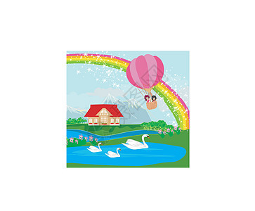在空气气球和美丽的乡村风景中的孩子旅行卡通片山脉草地团体房子天鹅绘画女士插图图片