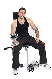 青年男子装哑铃二头肌长椅身体运动男性力量训练微笑举重重量图片