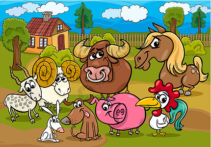 农场动物群体卡通插图喇叭家畜孩子们衬套草地兔子牧场栅栏教育绘画图片