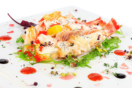 意大利风格的龙虾沙拉竹卡煮沸甲壳海藻用餐海草动物烹饪盘子食物图片