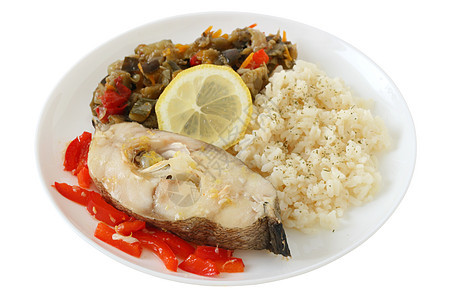 带大米和蔬菜的煮鱼饮食食物胡椒盘子午餐柠檬图片