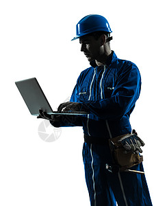 人造建筑工人计算计算机光影肖像图的计算服务工人建造男人笔记本木匠白色修理工成年人成人图片