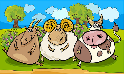 农场动物群体卡通插图乡村草地牛角花朵家畜收藏奶牛国家卡通片绘画图片