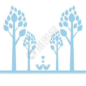 valentine树蓝色漩涡鸟类植物绘画白色插图树干庆典生活图片