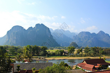 老挝Vang Vieng的景象乡村旅游美丽旅行全景场景绿色蓝色村庄假期图片