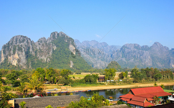 老挝Vang Vieng的景象天空歌曲蓝色场景全景乡村村庄旅游假期热带图片