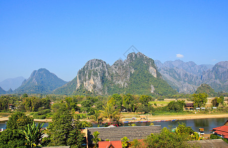 老挝Vang Vieng的景象乡村丛林天空场景旅游旅行村庄热带美丽全景图片