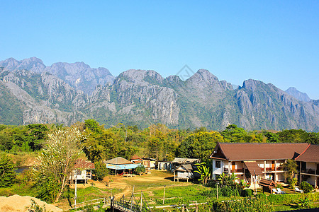 老挝Vang Vieng的景象旅行蓝色美丽全景天空旅游村庄歌曲绿色热带图片