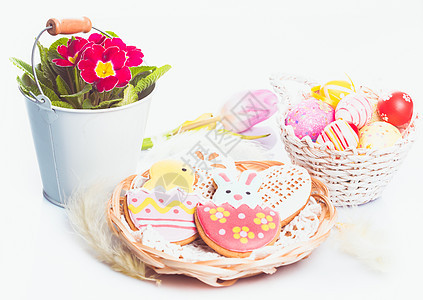 复活节饼干和装饰鸡蛋糖果礼物饼干篮子小鸡兔子花束糕点派对蕾丝图片