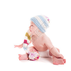 6个月婴儿蓝色孩子钩针微笑帽子金发女郎童年白色生活针织图片
