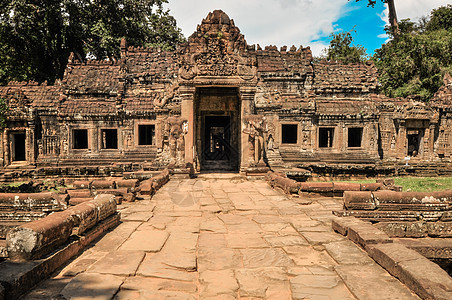 Angkor Wat综合体暹粒区古老的佛教赫默寺庙雕塑地标建筑石头雕像宗教文化废墟旅行蓝色图片