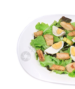 近距离接近的caesar沙拉加鸡蛋炙烤产品绿色油炸蔬菜烹饪面包块午餐停止者盘子图片