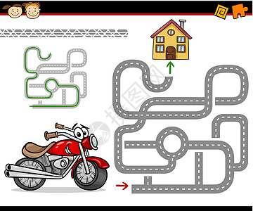 迷宫或迷宫卡通迷宫游戏快乐摩托车街道小路插图出口房子孩子们教育卡通片图片