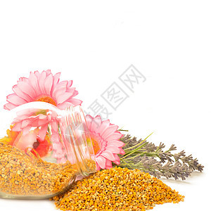 玻璃罐和花朵中的蜜花粉标签食物药品玻璃矿物活力药物康复蜜蜂维生素图片