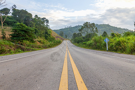 山上的道路旅行树木运输场地天空季节绿色黄土地街道树叶图片