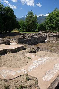 希腊迪翁的废墟雕像马赛克民众地面鹅卵石路面建筑学寺庙街道女神图片