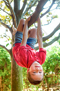 男孩挂在树枝上牛仔裤红色幸福公园花园快乐喜悦孩子活动青年图片