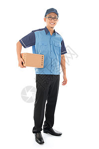 送货员肖像送货服务男人派遣工人棕色盒子邮递员衬衫男性图片