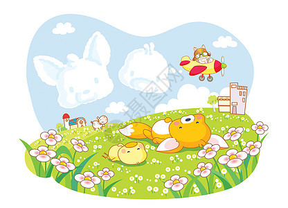 卡通动物松松鼠和小鸡花园插画家鸭子绿色插图蓝色卡通片派对松鼠太阳图片