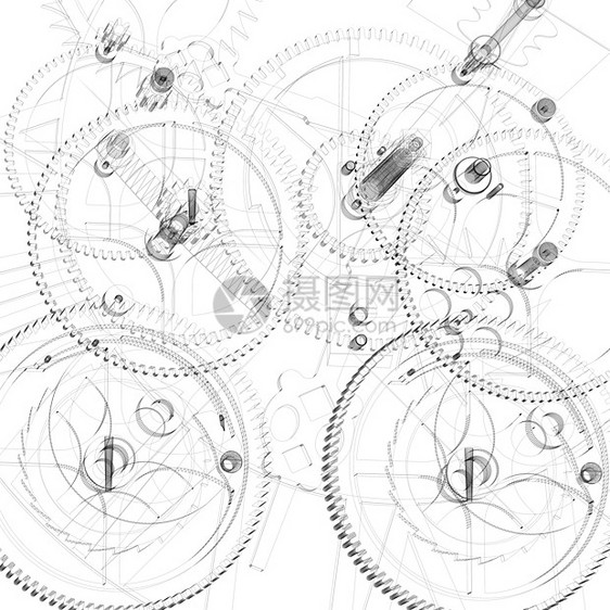 时钟机制 电线框架计时器车轮白色金属机械科学时间插图工业技术图片