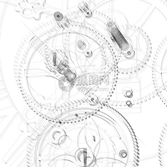 时钟机制 电线框架插图金属齿轮工业白色计时器机械小时机器技术图片