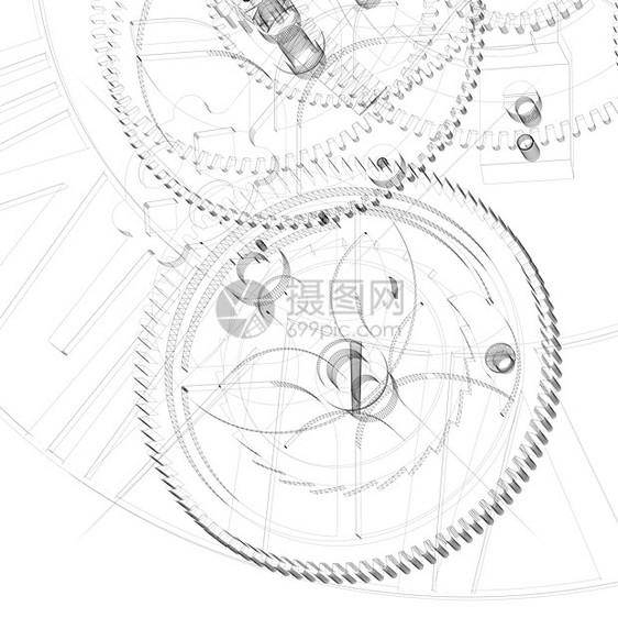 时钟机制 电线框架计时器技术白色金属插图机械车轮手表时间机器图片