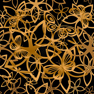 花蝴蝶抽象背景 无缝黄色金子装饰品风格黑色正方形纹理艺术插图白色图片