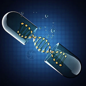 蓝色背景的透明胶囊细绳医疗遗传化学治疗科学药品染色体生物概念图片