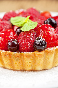 新鲜果子蛋糕叶子盘子奶油水果甜点食物餐厅巧克力蓝色馅饼图片