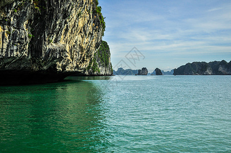 越南河隆湾海景风景 越南血管蓝色航海小屋木头海湾石灰石阳光村庄天空图片