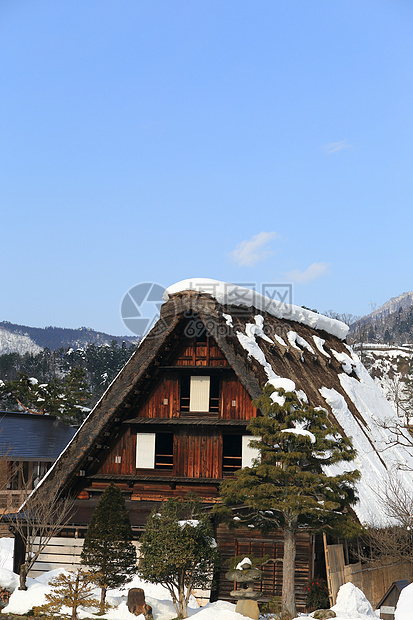 日本吉福白川戈运河住宅白川瀑布松树遗产合掌房子建筑地标图片