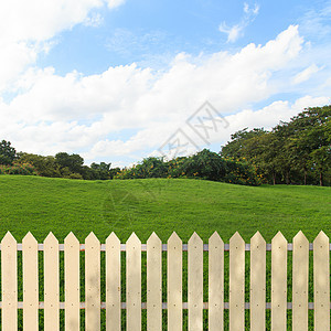 花园中的白栅栏农业木头蓝色安全房子草地树篱后院财产天空图片