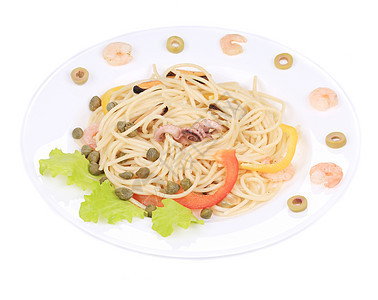 配意大利面海沙拉红色面条章鱼黄色白色盘子胡椒宏观食物绿色图片