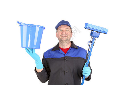 男子在工作服上用水桶和拖把套装承包商建造职业工人员工清洁工瓶子男人红色图片