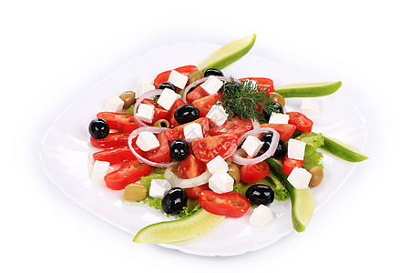 希腊沙拉在盘子里蔬菜沙拉食物长叶黄瓜洋葱胡椒叶子美食午餐图片