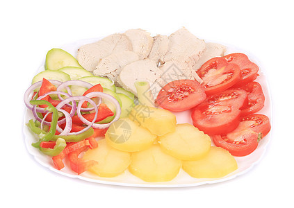 鸡肉沙拉加土豆胸部白色午餐家禽大葱饮食辣椒食物红色盘子图片