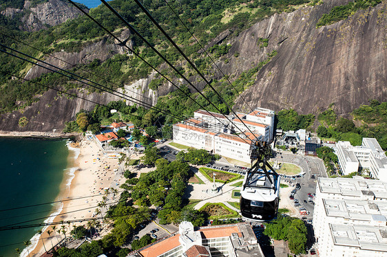 在巴西里约热内卢 有线汽车驶往甘蔗湖海洋城市天空缆车天线地标蓝色市中心吸引力爬坡图片