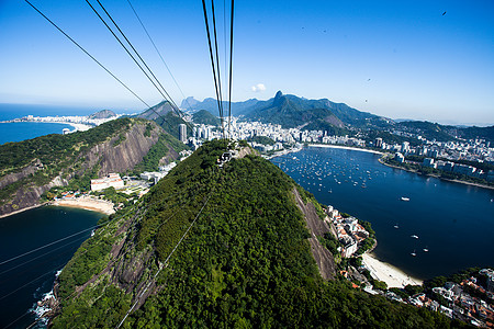 在巴西里约热内卢 有线汽车驶往甘蔗湖岩石海岸爬坡海洋缆车吸引力市中心面包天线城市图片