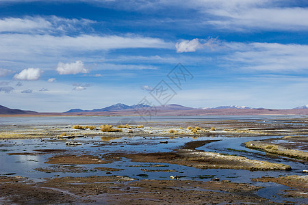 蓝色天空和白云之上的沙漠和山丘 玻利维亚阿尔提平洛气候地区高原植物国家土地旅游地形顶峰公园图片