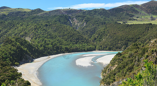 新西兰南阿尔卑斯山的观点戏剧性岩石缠绕峡谷铁路远景路线氨氮旅行全景图片