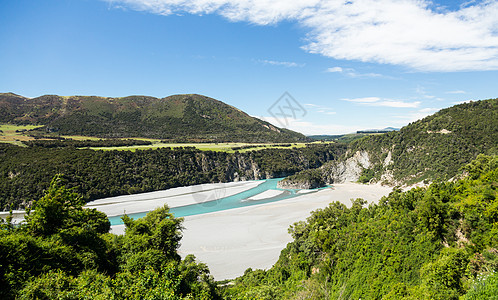 新西兰南阿尔卑斯山的观点火车旅行路线树木旅游岩石缠绕氨氮全景峡谷图片