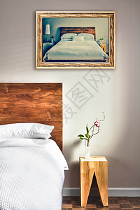 墙上布满欢乐罐子的清洁和现代床房家具郁金香卧室床垫展览兰花酒店寝具照片风格图片
