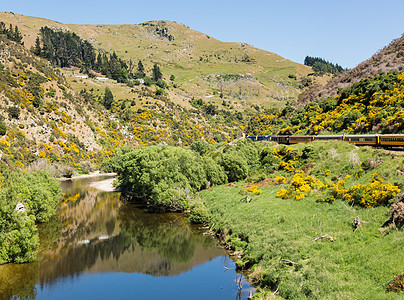铁路在塔耶里峡谷的铁轨上行驶新西兰单线旅行丘陵岩石风景地标旅游植物教练员火车图片