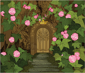 魔法精灵城堡之门模仿免版税插图花朵浪漫故事野生动物胡同魔法评书图片
